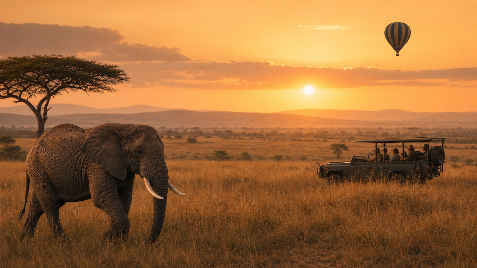 Elephant and safari vehicle crossing the East African savannah at sunset